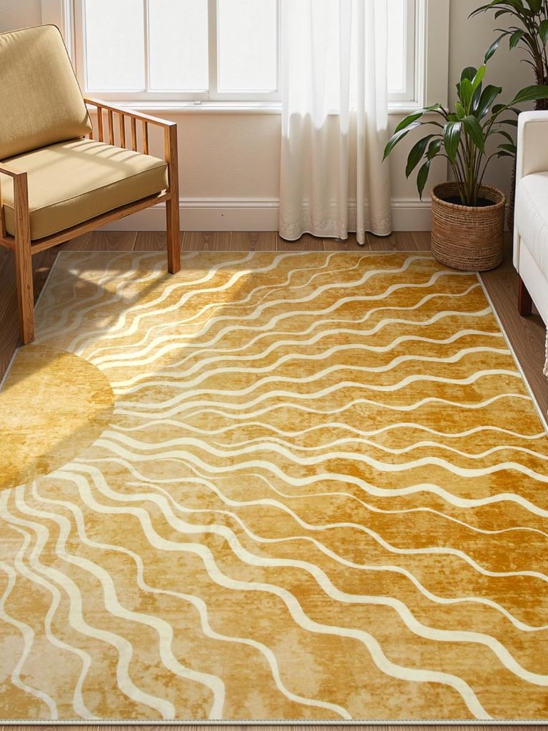 Sun 5x7 Area Rug, Boho Ombre Yellow Bedroom Rug Machine Washable Carpet, Ultra T